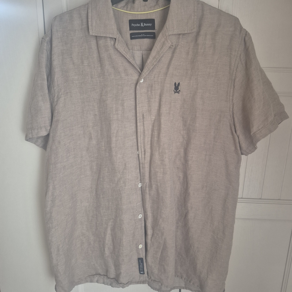 Psycho Bunny Men's Short Sleeve Button-Up Shirt in Beige